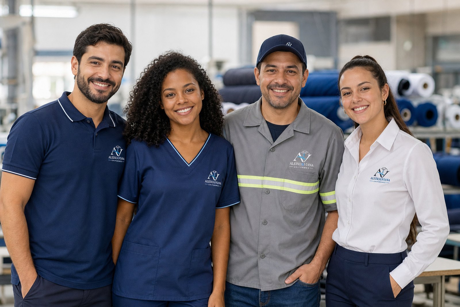 Equipe vestindo uniformes Aleixo & Viana